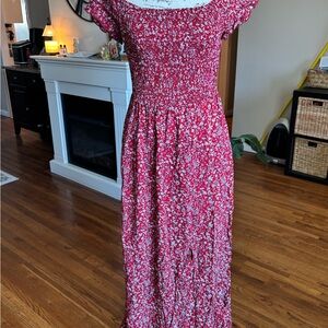 SHEIN Red & White Floral Smocked Maxi Dress